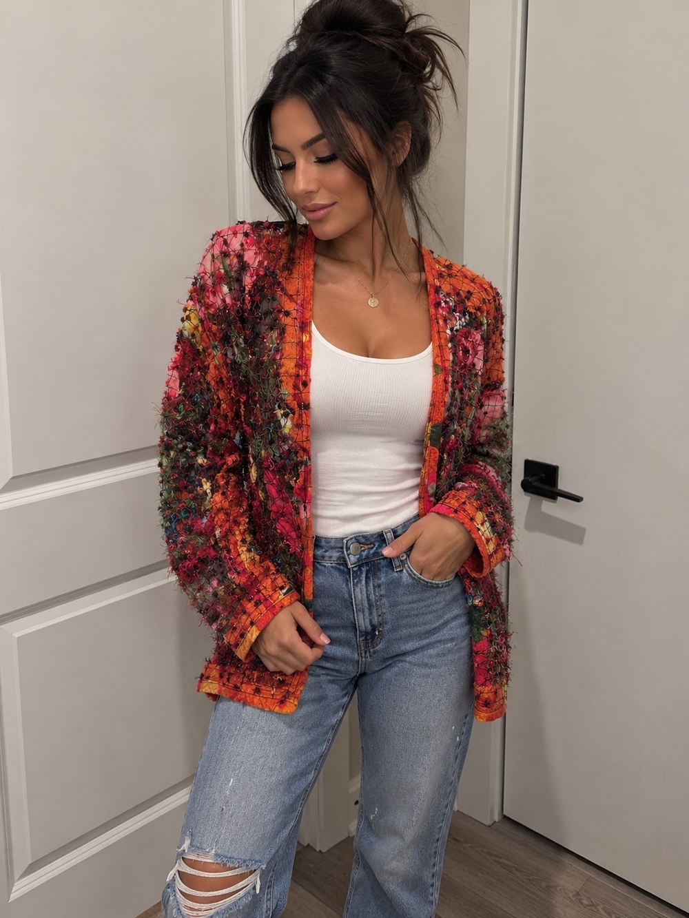 Vibrant Orange Multicolor Textured Open Cardigan Sweater